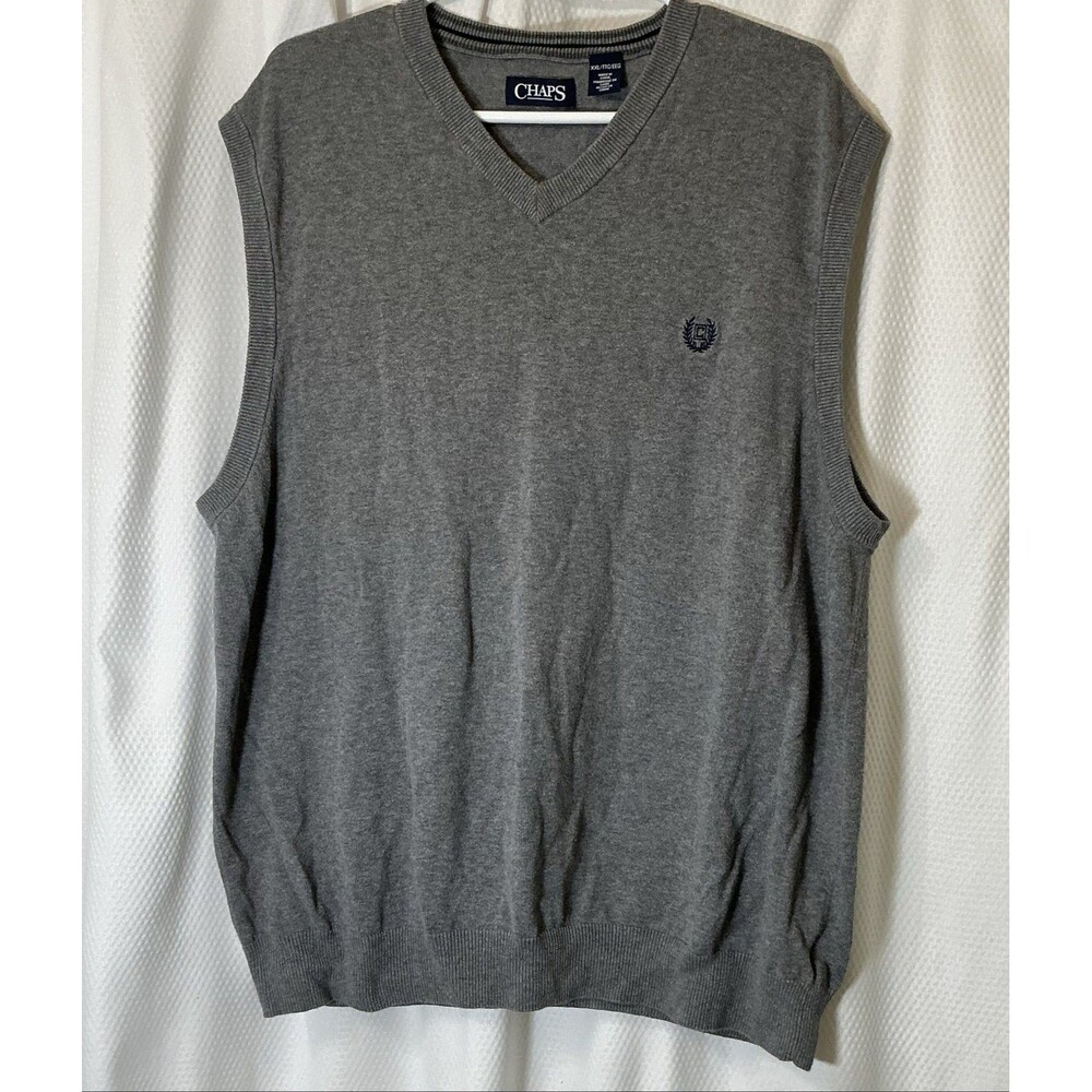 Chaps Men's Gray V-Neck Sleeveless Knit Sweater Vest Logo Size 2XL